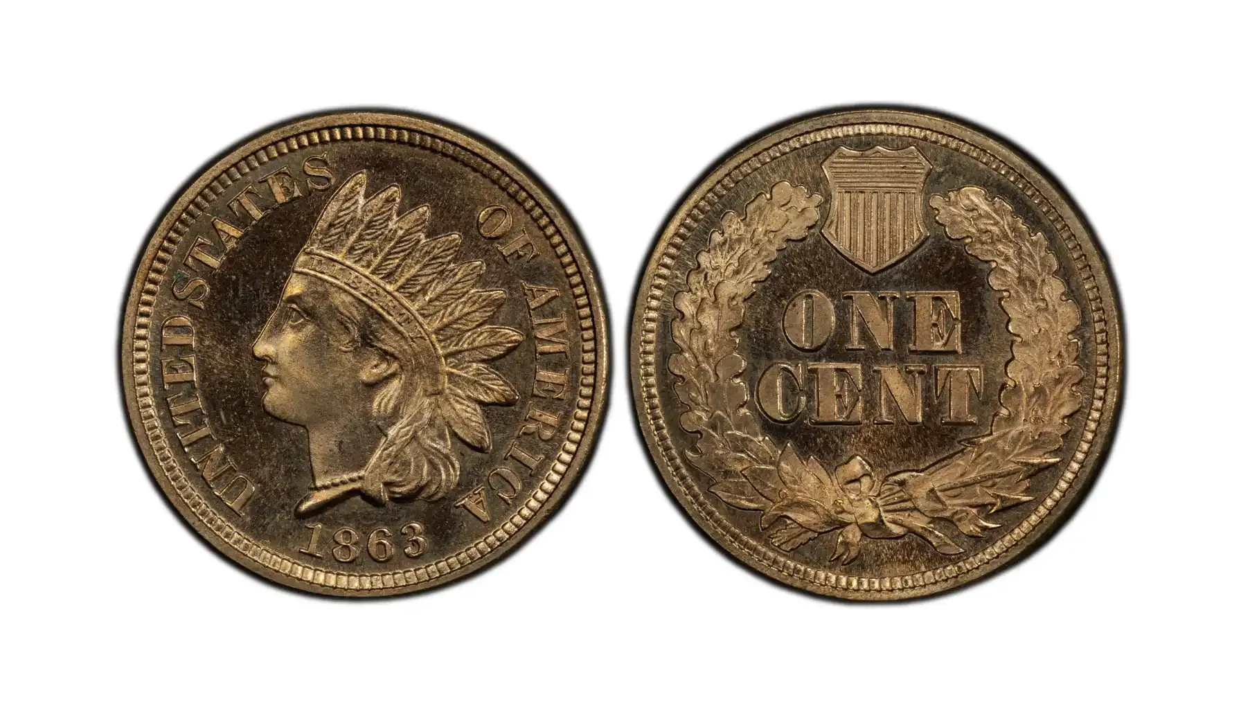 1863 Indian Head penny grading strip showing four coins in Good, Fine, Extremely Fine, and Uncirculated conditions arranged left to right