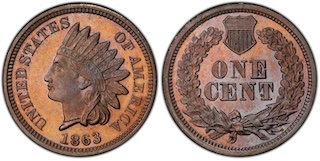 Side-by-side comparison of normal 1863 Indian Head penny (left) versus DDO-001 doubled die obverse (right) showing doubling on LIBERTY headband