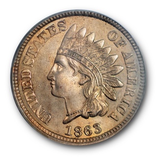 1863 Indian Head penny DDR FS-801 S-10 doubled die reverse showing doubling on wreath leaves at right side under magnification