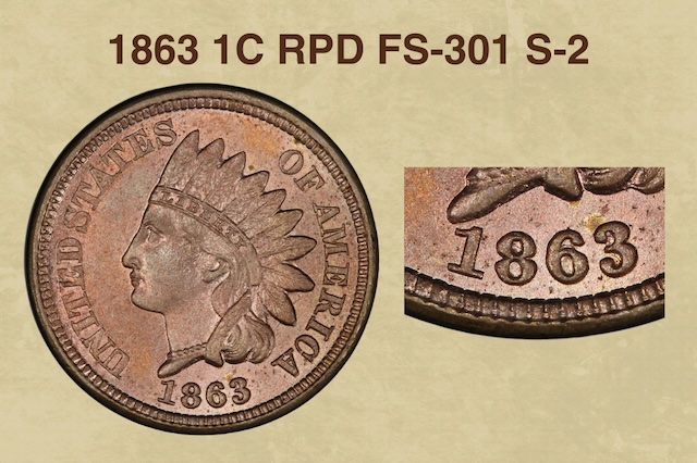 1863 Indian Head penny RPD FS-301 repunched date showing doubled numeral impressions on 1, 8, 6, and 3 digits under high magnification