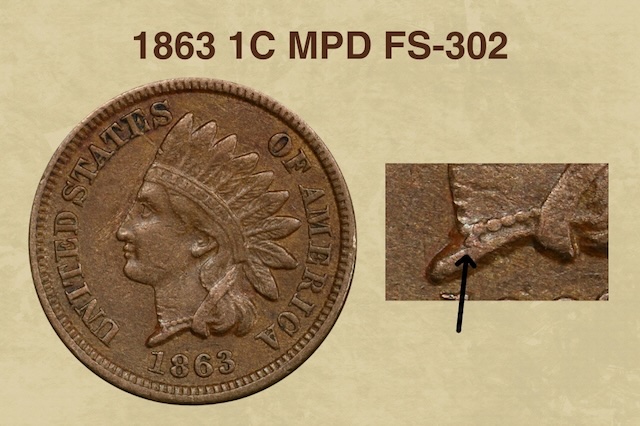 1863 Indian Head penny MPD FS-302 misplaced date showing a raised lump from a misplaced numeral 1 on Liberty's neck near the necklace