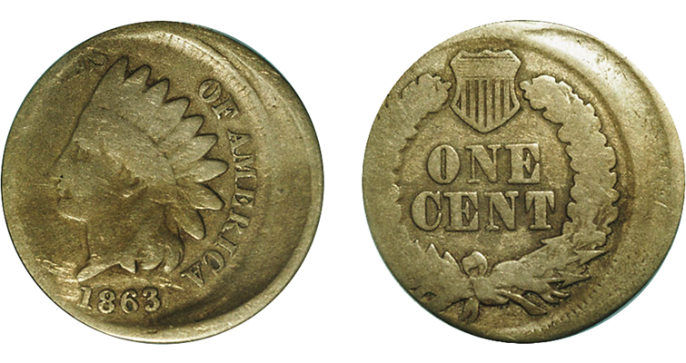 1863 Indian Head penny off-center strike error showing the design dramatically shifted from center with a visible crescent of blank planchet