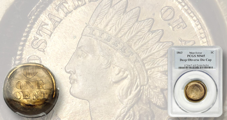 1863 Indian Head penny deep obverse die cap error showing the dramatic cup-shaped distortion from repeated multiple strikings with oversized diameter